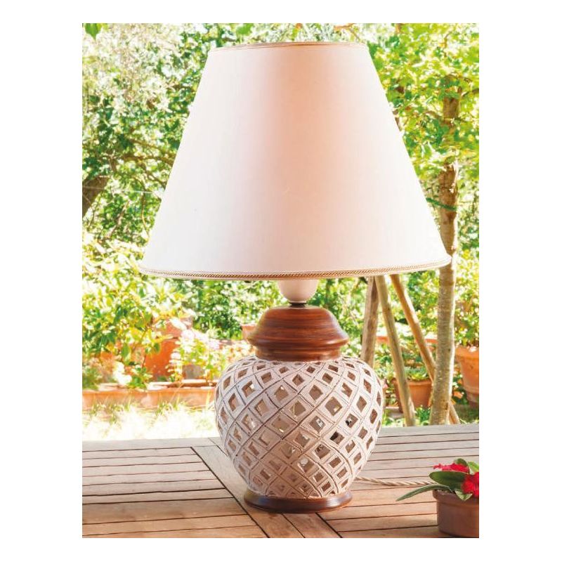 TABLE LAMP IN PERFORATED TERRACOTTA AND WOOD WITH LAMPSHADE MADE IN ITALY