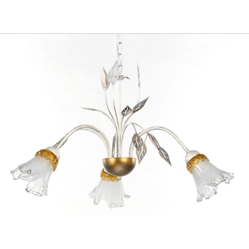 LANCIA 3 LIGHTS CLASSIC CHANDELIER IN SILVER PAINTED WHITE METAL AND GLASS DIFFUSERS