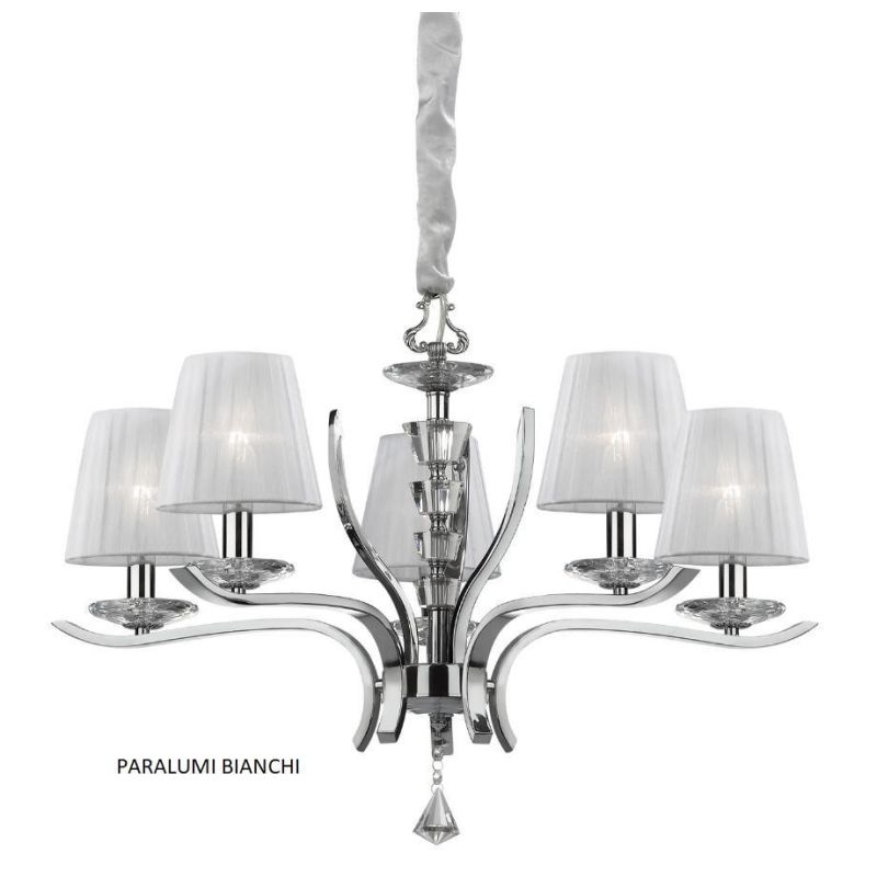 5 LIGHTS CHANDELIER IN CHROME METAL WITH WHITE ORGANZA LAMPSHADES