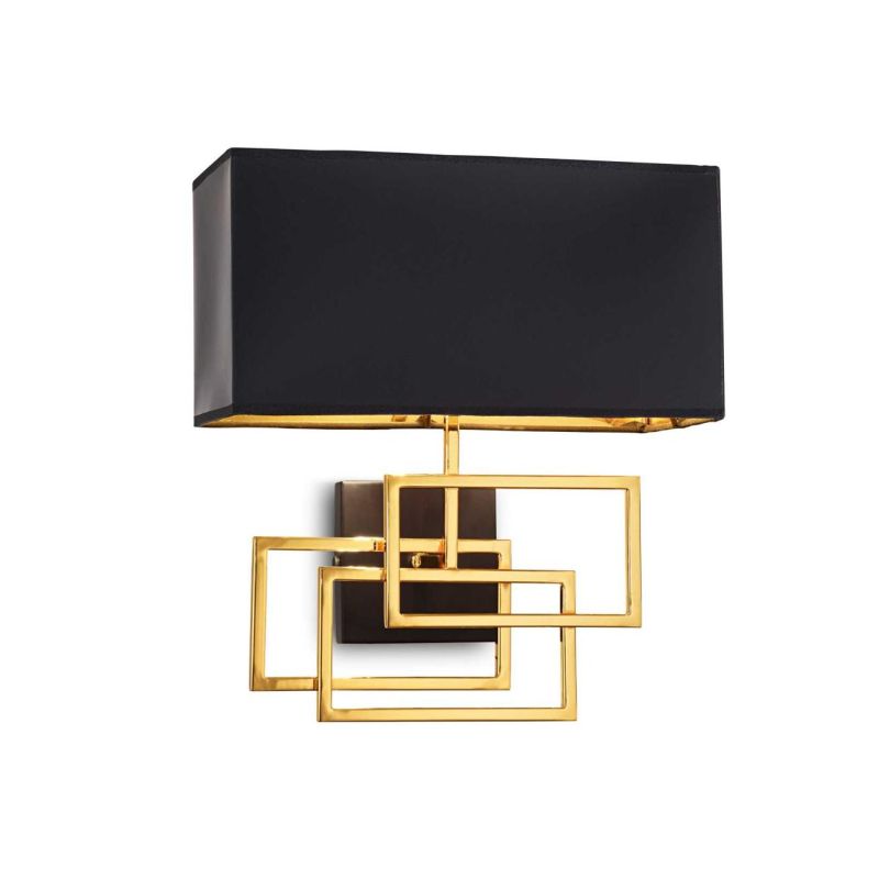 MODERN WALL LAMP WITH BRASS FINISHED METAL DETAILS AND BLACK PVC SHADE
