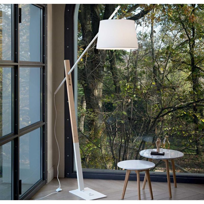 MODERN FLOOR LAMP IN WHITE OR BLACK METAL AND NATURAL WOOD WITH PVC SHADE
