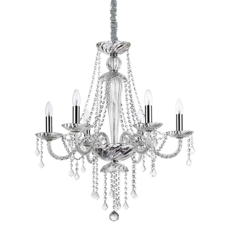 CLASSIC SUSPENSION CHANDELIER WITH 6 BLOWN GLASS ARMS AND CRYSTAL PENDANTS