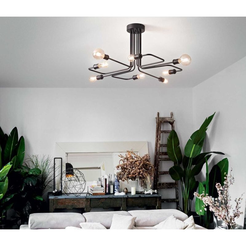 MODERN CEILING LAMP 8 LIGHTS WITH ARMS IN BLACK PAINTED METAL OR BRASS WITH VISIBLE BULBS