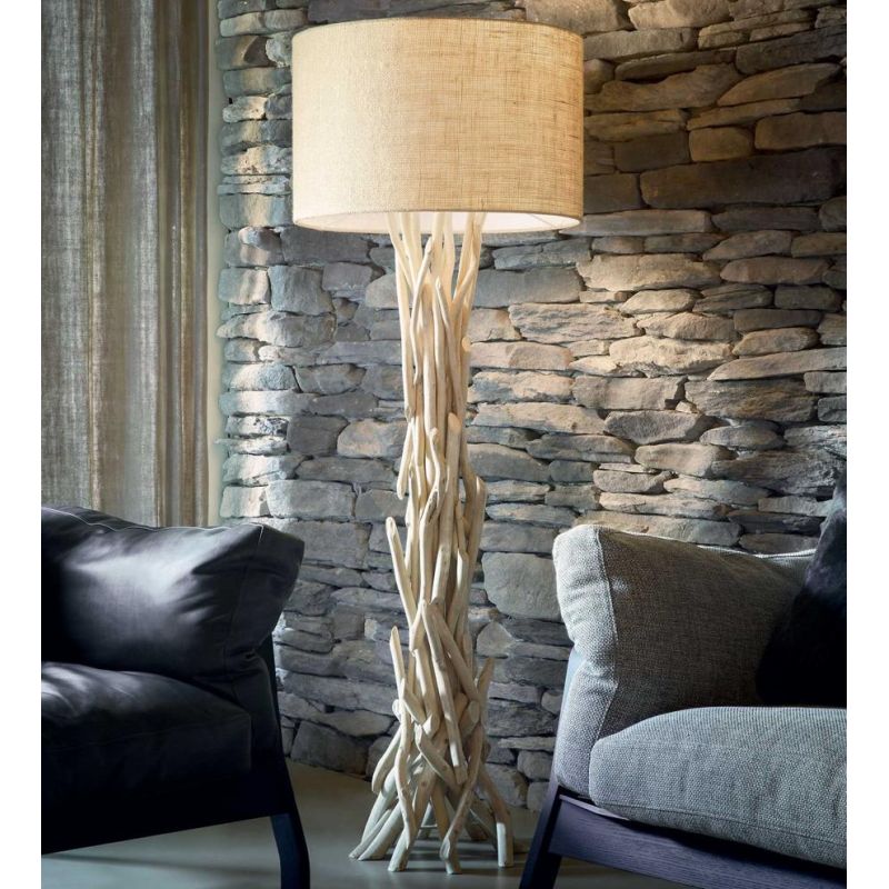 RUSTIC STYLE FLOOR LAMP WITH CANVAS SHADE AND BASE WITH WOVEN WOODEN BRANCHES