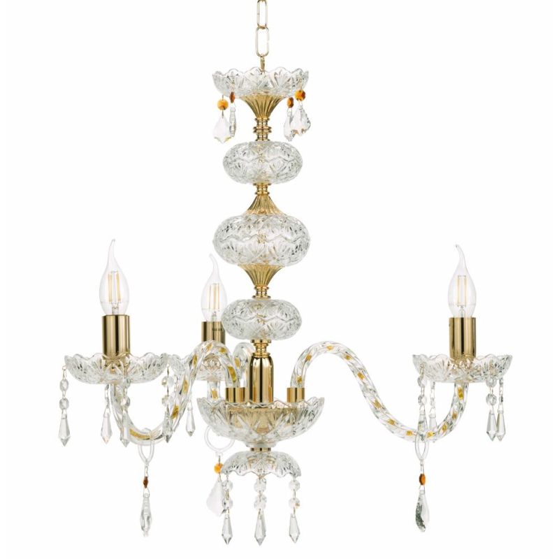 DALLAS 3-LIGHT GLASS CHANDELIER WITH CHROME OR GOLD FRAME AND CRYSTAL PENDANTS