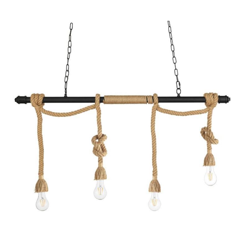 JUTE SUSPENSION IN NATURAL ROPE WITH 4 LIGHTS WITH BAR IN MATT BLACK METAL IN RUSTIC WAVE STYLE